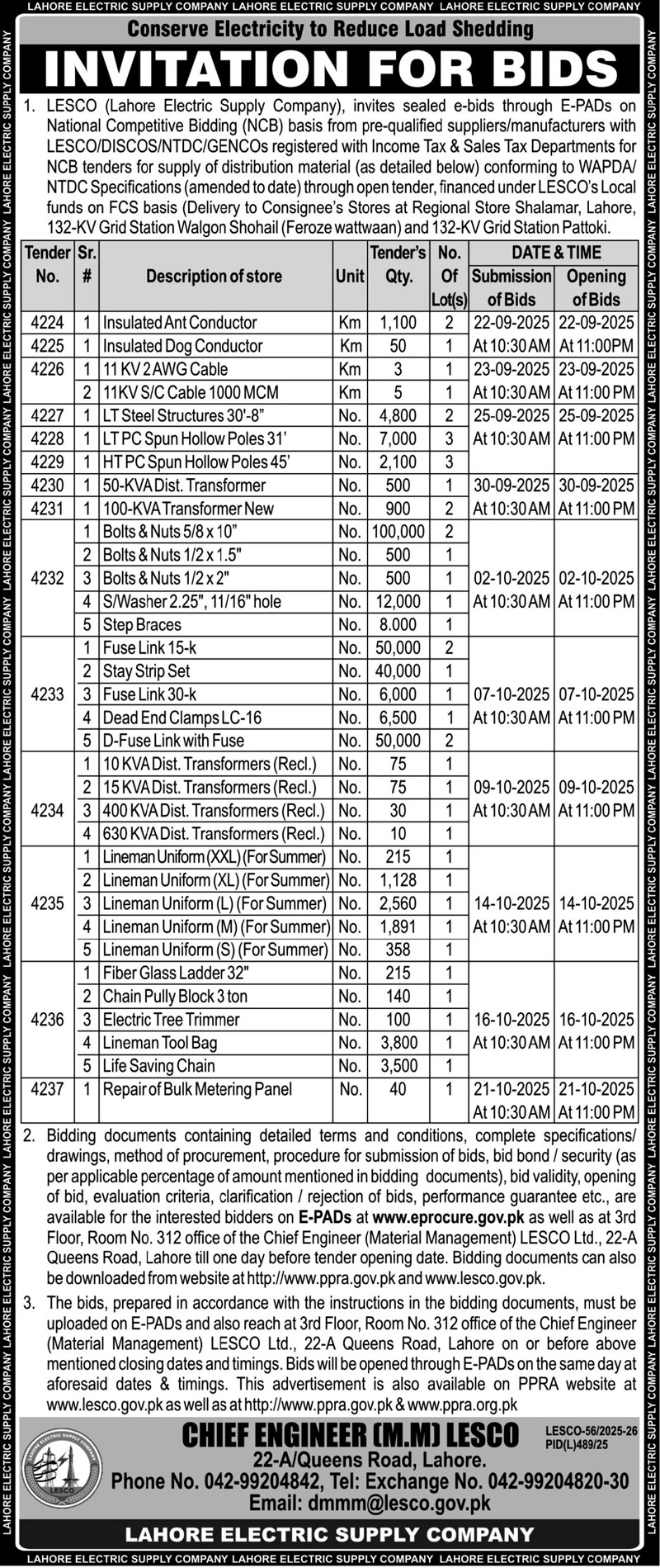 Lahore Electric Supply Company Tender Notice